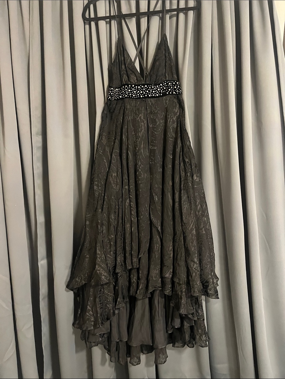 bebe Charcoal Gray Beaded-Waist High-Low Dress